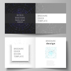 The vector layout of two cover templates for square design bifold brochure, magazine, flyer, booklet. Network connection concept with connecting lines and dots. Technology design digitalbackground
