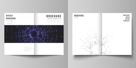 The vector layout of two A4 format cover mockups design templates for bifold brochure, flyer, booklet, report. Network connection concept with connecting lines and dots. Technology design background.