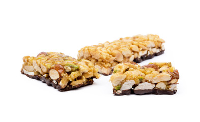 Nut bar with chocolate isolated on white background