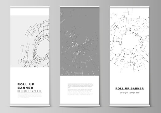 The vector layout of roll up banner stands, vertical flyers, flags design business templates. Network connection concept with connecting lines and dots. Technology design, digital geometric background