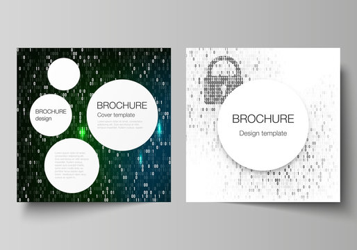 The minimal vector layout of two square format covers design templates for brochure, flyer, magazine. Binary code background. AI, big data, coding or hacker concept, digital technology background.