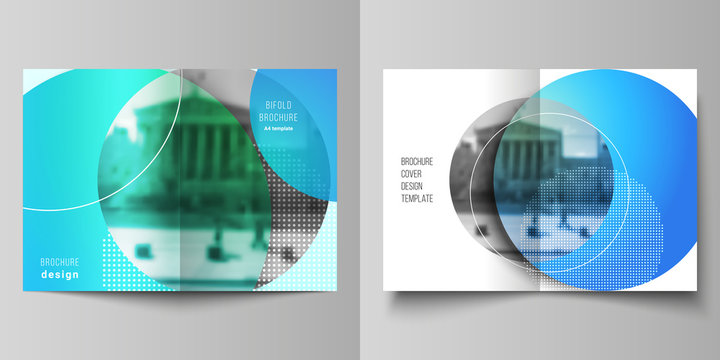 The vector layout of two A4 format cover mockups design templates for bifold brochure, magazine, flyer, booklet, annual report. Creative modern bright background with colorful circles and round shapes