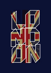 Graphics with british flag and London type on a dark blue background. Label for t-shirt. CMYK color mode