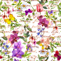 Fototapety  Kwiaty polne, motyle z rocznika odręcznych notatek tekstowych. Bezszwowe tło kwiatowy. Akwarela