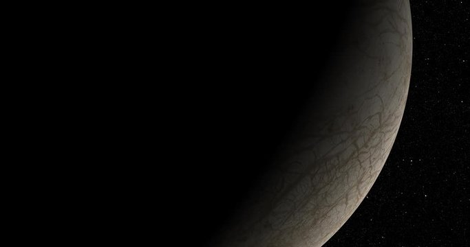 Coming around to the lit side of Europa, in medium orbit. Long and slow. Reversible, can be rotated 180 degrees. Elements of this image furnished by NASA.