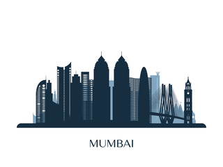 Mumbai skyline, monochrome silhouette. Vector illustration.
