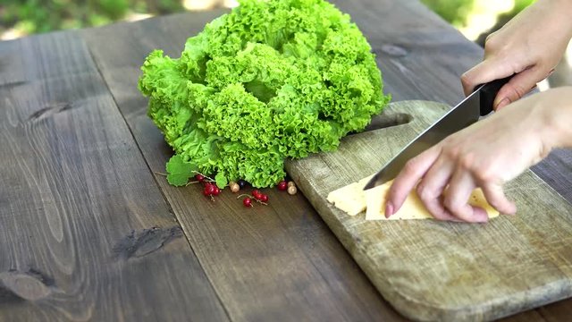 Spread the cheese on a wooden board with the leaves of a green salad. Cooking. Clous-up