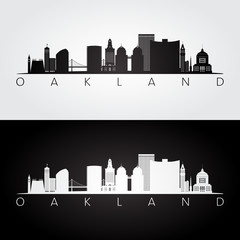 Oakland, USA skyline and landmarks silhouette, black and white design, vector illustration. - obrazy, fototapety, plakaty
