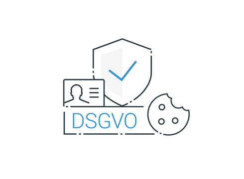 DSGVO, General Data Protection Regulation, germany. Digital and internet symbols in front of DSGVO letters. Concept vector illustration. Flat style. Icons schield, account, cookie