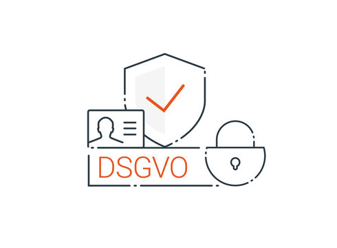 DSGVO, General Data Protection Regulation, germany. Digital and internet symbols in front of DSGVO letters. Concept vector illustration. Flat style. Icons shield, account, lock