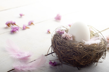 Fototapeta na wymiar Egg in the nest with pink flowers and feather on white table