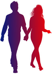 Silhouette of guy and girl going hand in hand