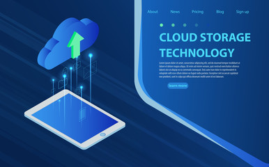 Cloud computing technology users network configuration isometric advertisement poster with tablet.