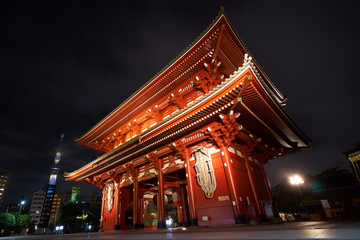 A large red lamp in Sensoji Temple, Japan. Also known as Shrine of Asakusa Night photography It is a famous tourist destination of Japan.
