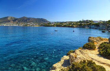 Windsurf on sea on background rocky shore. Crete Greece Europe.