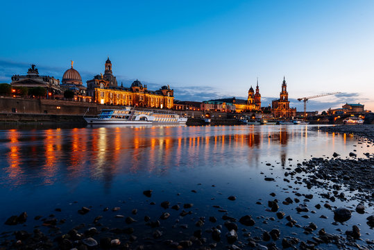 Dresden Old Town architecture with Elbe river embankment at night,  Saxony, Germany.