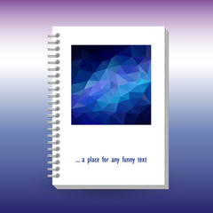 vector cover of diary or notebook with ring spiral binder - format A5 - layout brochure concept - neon blue violet purple colored with polygonal triangle pattern