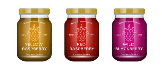Glass jar with jam and configure with blackberry and raspberry. Vector illustration. Packaging collection. Label for jam. Bank realistic. Mock up glass jar with design label and logo.