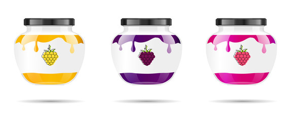 Glass jar with jam and configure with blackberry and raspberry. Vector illustration. Packaging collection. Label for jam. Bank realistic. Mock up glass jar with design label and logo.