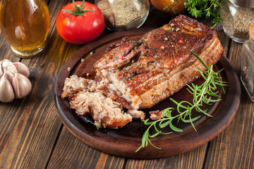 Still hot baked pork belly or bacon
