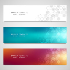 Vector banners for medicine, science and digital technology. Geometric abstract background with hexagons design. Molecular structure and chemical compounds.