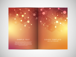 Vector template for brochure or cover with molecular structure background and connected lines and dots. Medicine, science and digital technology concept.