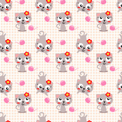 Cute cat seamless pattern vector. Lovely cat cartoon in pink color background.