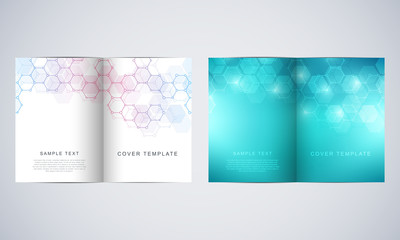 Vector covers or brochure for medicine, science and digital technology. Geometric abstract background with hexagons pattern. Molecular structure and chemical compounds.