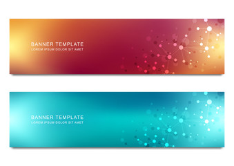 Vector banners design for medicine, science and digital technology. Molecular structure background and communication with connected lines and dots.