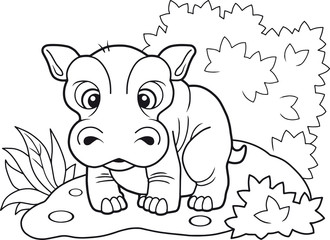 cartoon cute little hippopotamus, funny illustration coloring book
