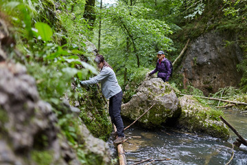 Group of people hiking on a trail