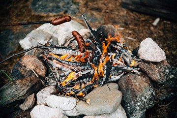 Grilled sausages above the campfire