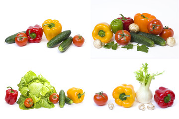Red yellow and orange peppers with tomatoes on a white background..Cucumbers with colorful peppers in composition on a white background.
