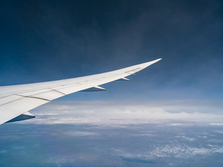View from airplane window with blue sky and white clouds, background for travel holiday trip, Aircraft on the sky.