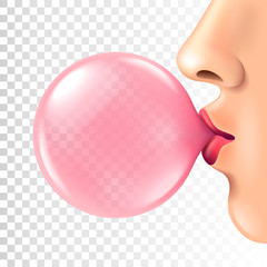 Female lips blowing pink bubble gum isolated vector - obrazy, fototapety, plakaty