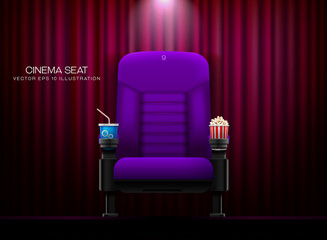 Cinema seat.Theater seat on curtain with spotlight background