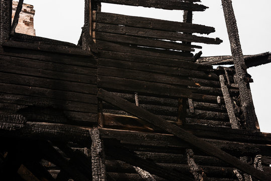 Dangerous Ruins Of A Burned Down Wooden Building