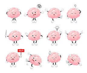 Cute cartoon brain character set. Human brain intellect, knowledge, education and Brainstorm concept. Vector illustration isolated on white background.