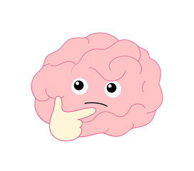 Cute cartoon brain character pondering face with right hand. Flat style, icon design. Human brain intellect, knowledge, education and Brainstorm concept. Vector illustration.