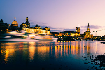  Dresden Old Town architecture with Elbe river embankment at night,  Saxony, Germany.