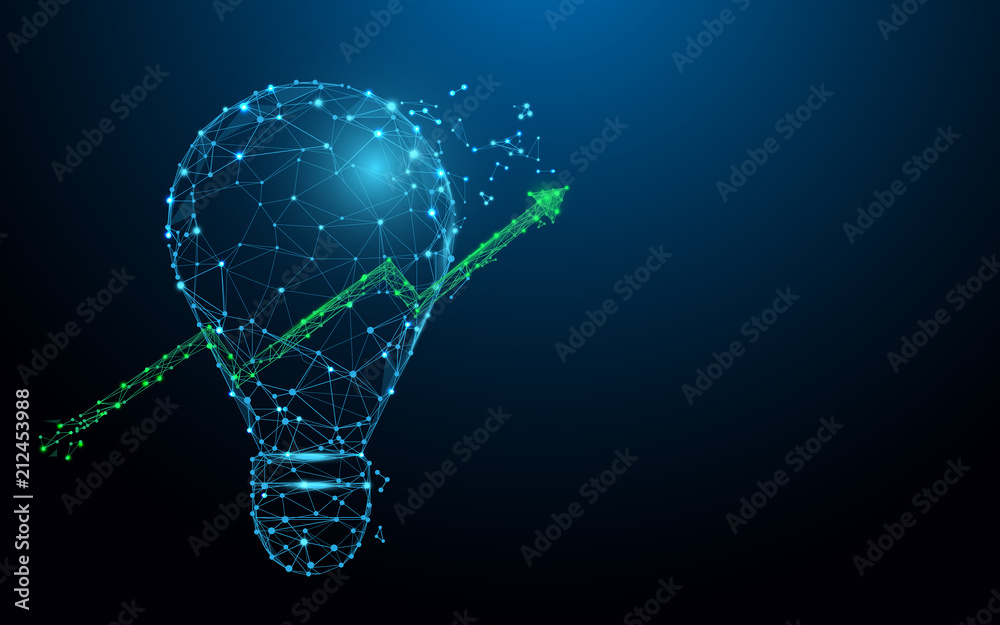 Poster light bulb and growing graph form lines, triangles and particle style design. illustration vector