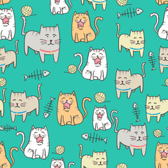 Seamless pattern Cute cat cartoon with hand drawn style