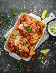 Maxican-style tortilla nachos chips topped with tomato salsa, sliced chilies and melted cheese...