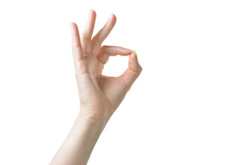 Woman hand with pale skin ok sign on white isolated background