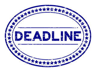 Grunge blue deadline oval rubber seal stamp on white background