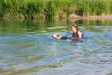 Frau mit jungen Hund im Wasser, schwimmen lernen und Training