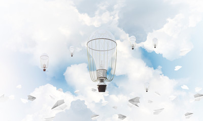 Flying hot air balloons in the air.