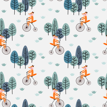 Cute fox is riding bicycle in the forest.