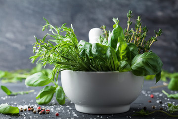 Fresh herbs and spices for traditional italian cuisine. Rosemary, basil, thyme, tarragon, pepper...