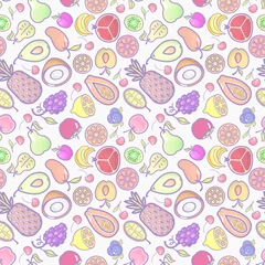 Fototapeten Seamless background with various tropical fruits on white. Vector fruit pattern. © zao4nik